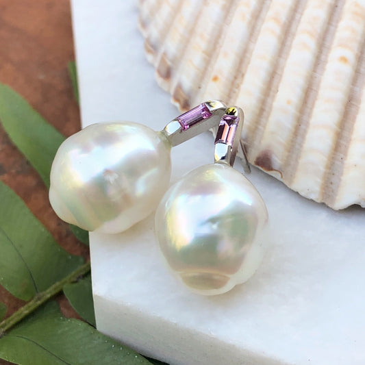 14KT White Gold Paspaley Pearl + Baguette Pink Sapphire Earrings, 14KT White Gold Paspaley Pearl + Baguette Pink Sapphire Earrings - Legacy Saint Jewelry