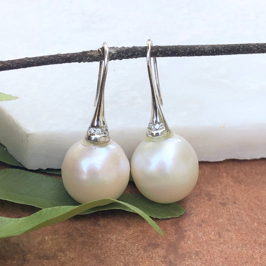 14KT White Gold Pave Diamond + Paspaley Pearl Drop Earrings, 14KT White Gold Pave Diamond + Paspaley Pearl Drop Earrings - Legacy Saint Jewelry