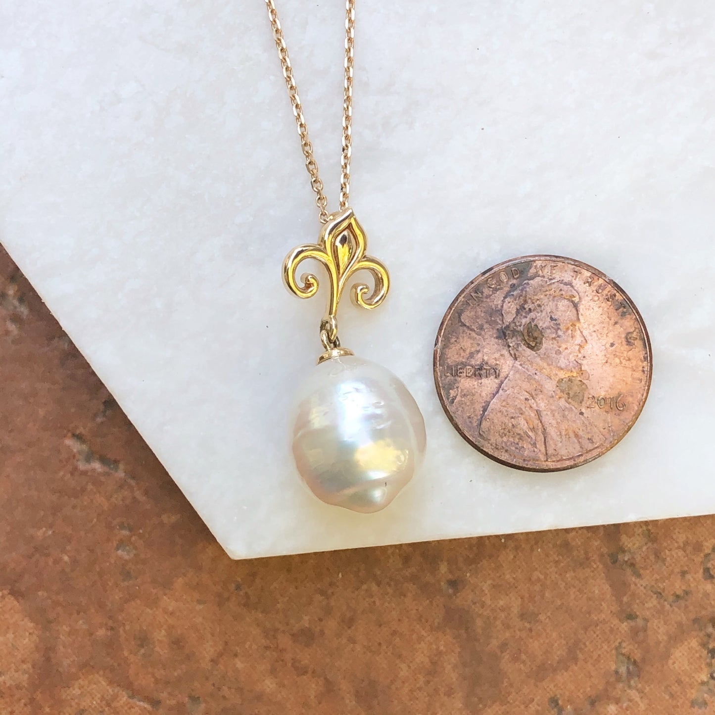 14KT Yellow Gold Paspaley Pearl Fleur de Lis Pendant Chain Necklace 18", 14KT Yellow Gold Paspaley Pearl Fleur de Lis Pendant Chain Necklace 18" - Legacy Saint Jewelry
