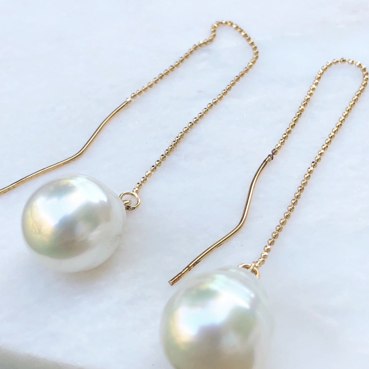 14KT Yellow Gold Paspaley Pearl Threader Ball Chain Earrings, 14KT Yellow Gold Paspaley Pearl Threader Ball Chain Earrings - Legacy Saint Jewelry