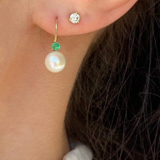 14KT Yellow Gold Emerald + Freshwater Pearl Lever Back Earrings, 14KT Yellow Gold Emerald + Freshwater Pearl Lever Back Earrings - Legacy Saint Jewelry