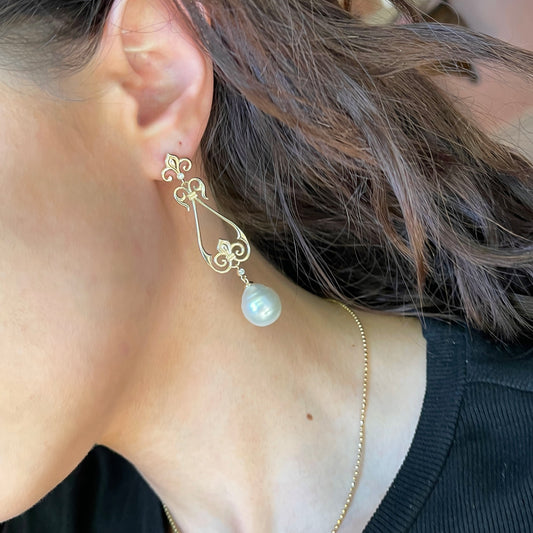 14KT Yellow Gold Paspaley South Sea Pearl + Diamond Fleur de Lis Dangle Earrings