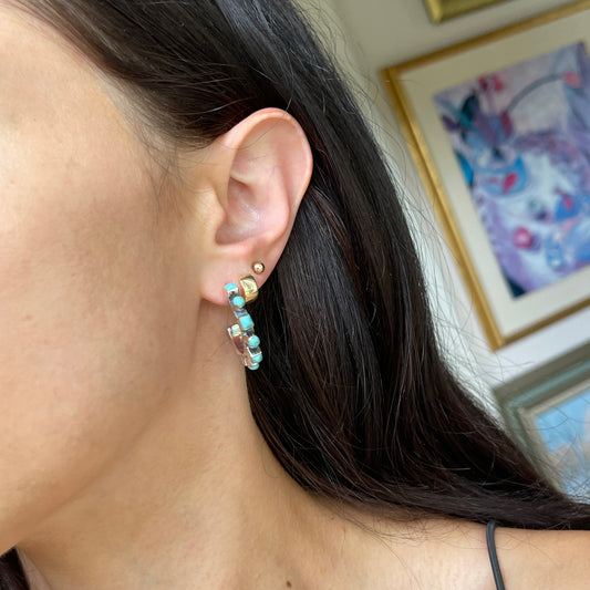 Sterling Silver Bezel-Set Arizona Turquoise Beaded Hoop Earrings