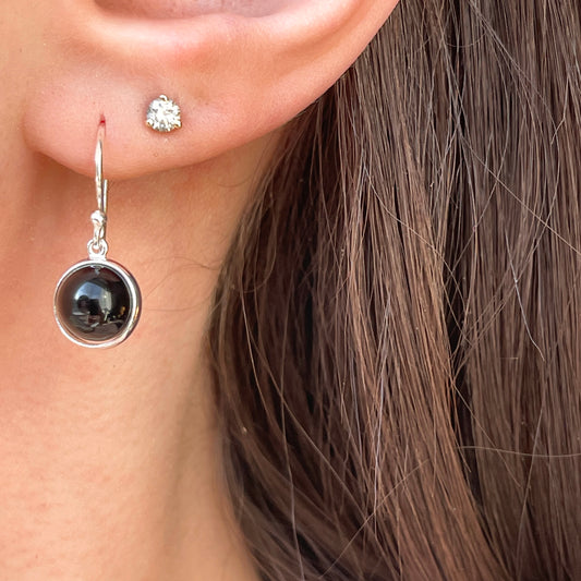 Sterling Silver Round Black Onyx Wire Dangle Earrings