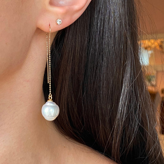 14KT Yellow Gold 12mm Paspaley Pearl Threader Curved Wire Ball Chain Earrings