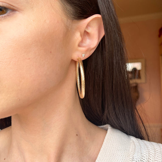 14KT Yellow Gold Diamond-Cut Tube Hoop Earrings 50mm