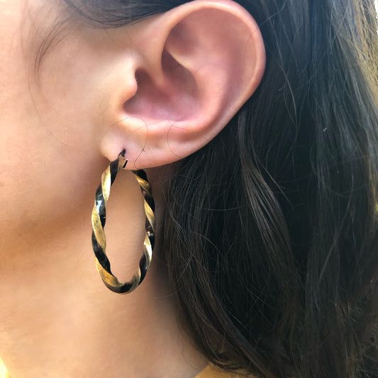 Estate 14KT Yellow Gold + Chocolate Gold Twist Swirl Hoop Earrings 44mm - Legacy Saint Jewelry