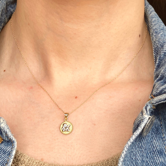 Two-Tone 10KT Yellow Gold + White Rhodium Guardian Angel Baby Round Medal Pendant Charm, Two-Tone 10KT Yellow Gold + White Rhodium Guardian Angel Baby Round Medal Pendant Charm - Legacy Saint Jewelry