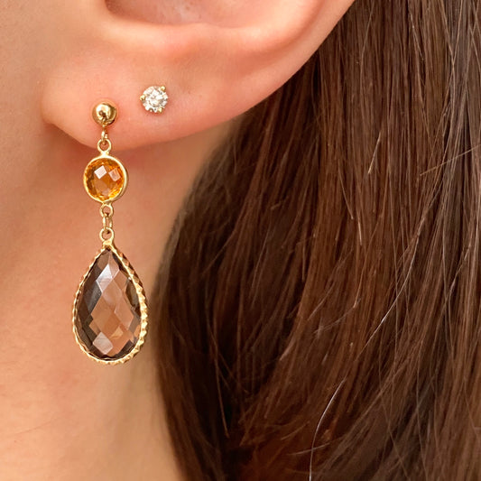 14KT Yellow Gold Smokey Quartz + Citrine Dangle Earrings