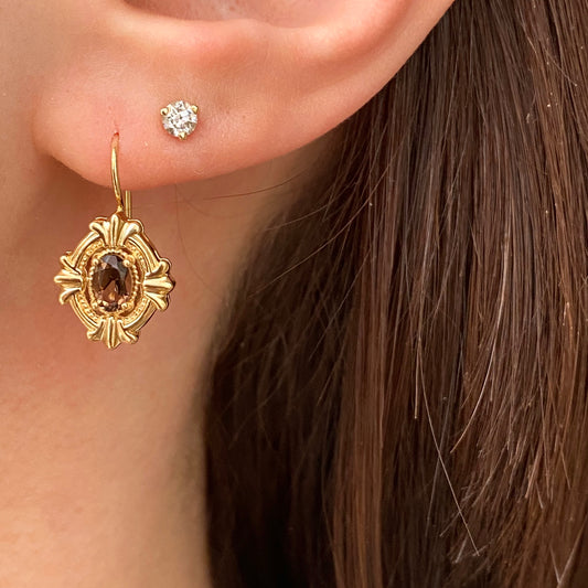 14KT Yellow Gold European Smokey Quartz Lever Back Earrings