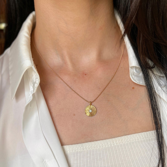 14KT Rose Gold Bezel Diamond Textured Round Disc Pendant