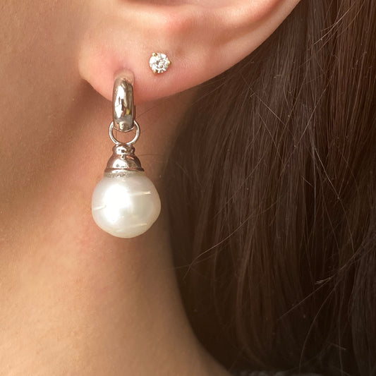 Sterling Silver Huggie Hoop with Paspaley Pearl Charm Earrings, Sterling Silver Huggie Hoop with Paspaley Pearl Charm Earrings - Legacy Saint Jewelry