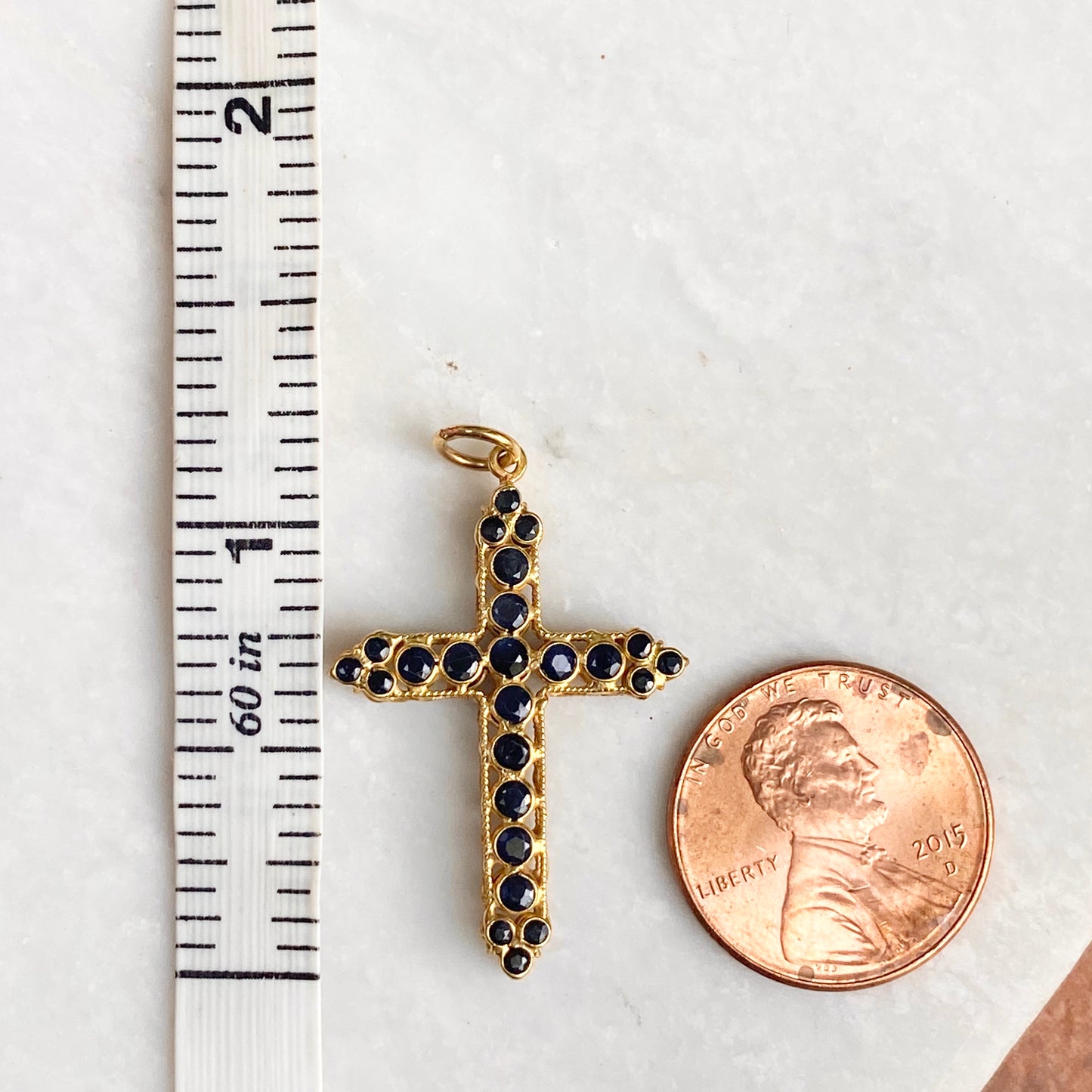 Estate 18KT Yellow Gold Open Work Blue Sapphire Cross Pendant 30mm