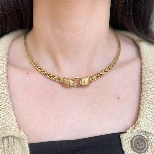 Estate 14KT Yellow Gold Matte Double Panther Head Spiga Toggle Necklace