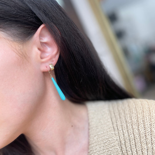 14KT Yellow Gold Teardrop Genuine Turquoise Dangle Earrings