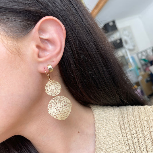 14KT Yellow Gold Double Disc Cobweb Lever Back Dangle Earrings