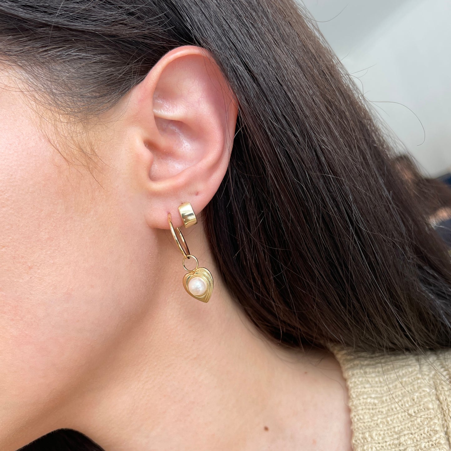 Estate 14KT Yellow Gold Reversible Pearl + Garnet Heart Earring Charms