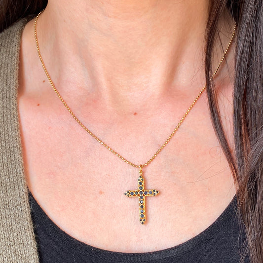 Estate 18KT Yellow Gold Open Work Blue Sapphire Cross Pendant 30mm