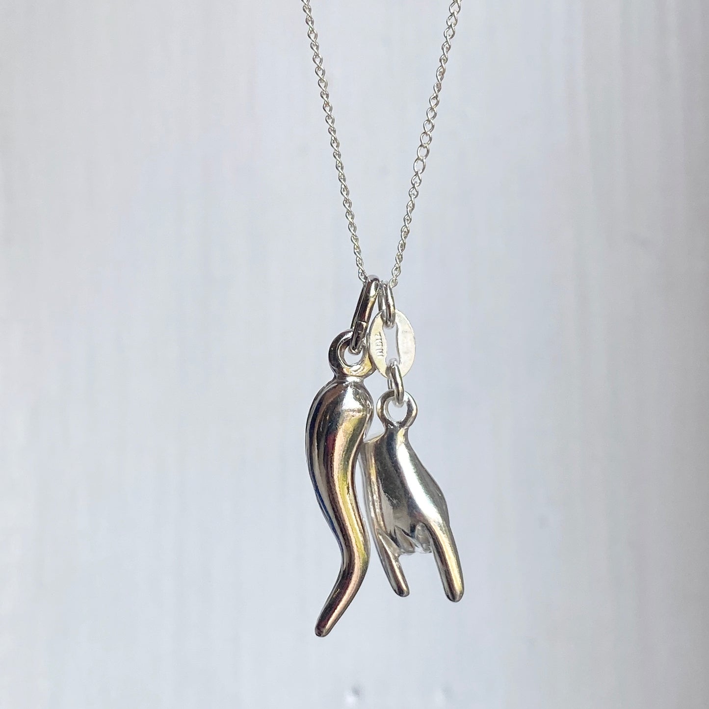 Sterling Silver Mano Cornuto + Italian Horn Pendants Chain Necklace