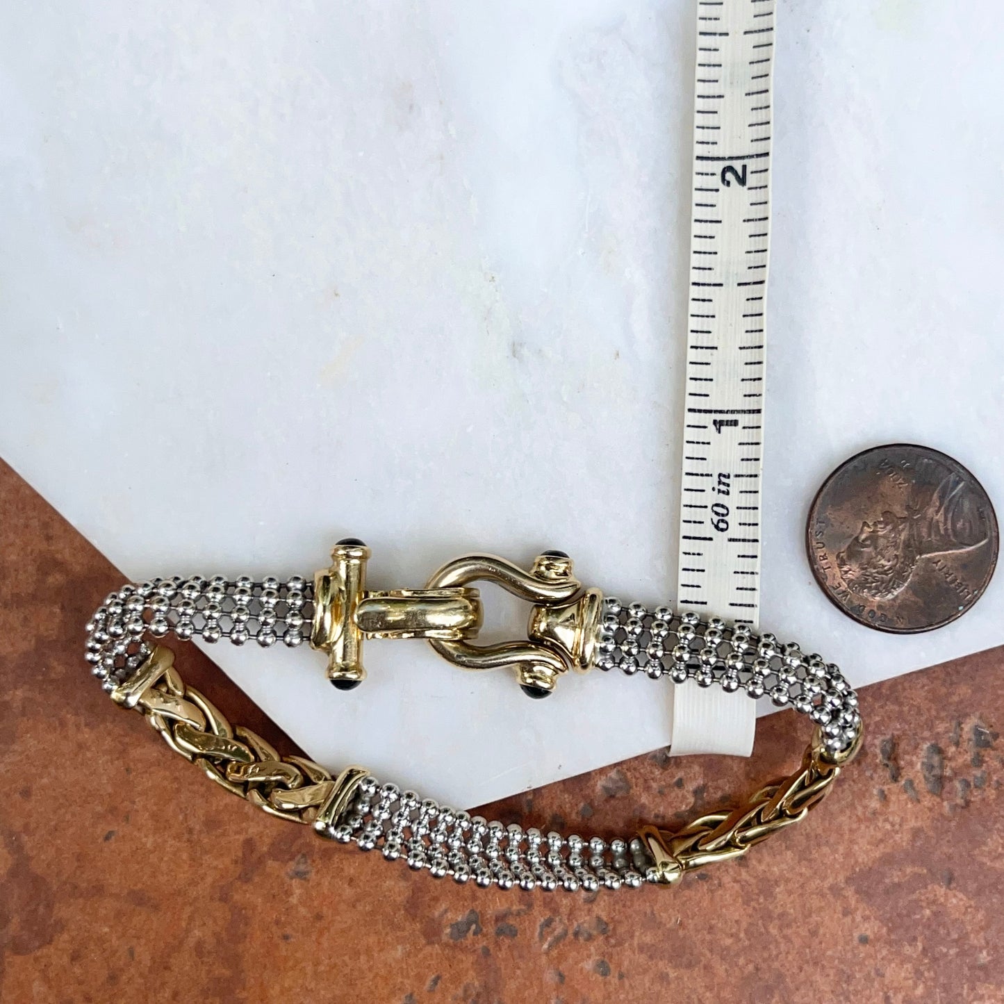 Estate 14KT White Gold + Yellow Gold Wheat + Beaded Chain Bridle Onyx Bracelet