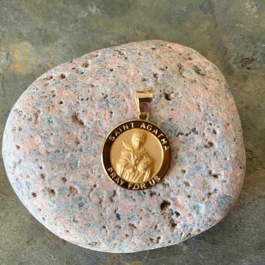 14KT Yellow Gold Saint Agatha Round Medal Pendant Charm, 14KT Yellow Gold Saint Agatha Round Medal Pendant Charm - Legacy Saint Jewelry