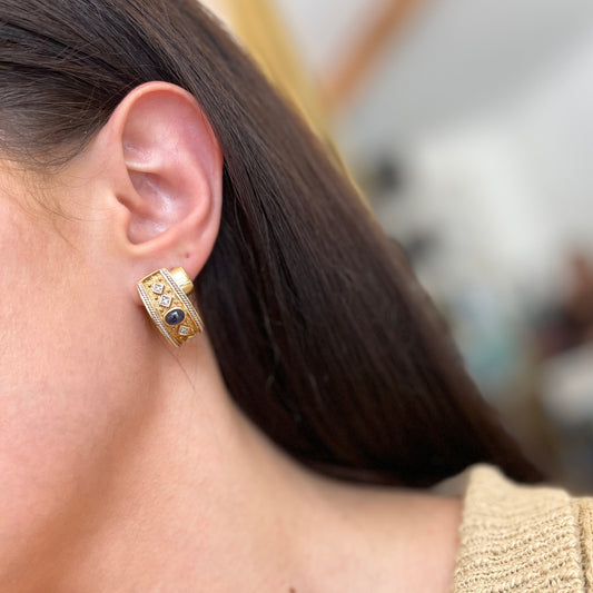 Estate 14KT Yellow Gold Byzantine Blue Sapphire + Diamond Omega Back Earrings - LSJ