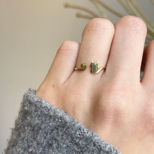 14KT Yellow Gold Sitting Cat Open Adjustable Ring