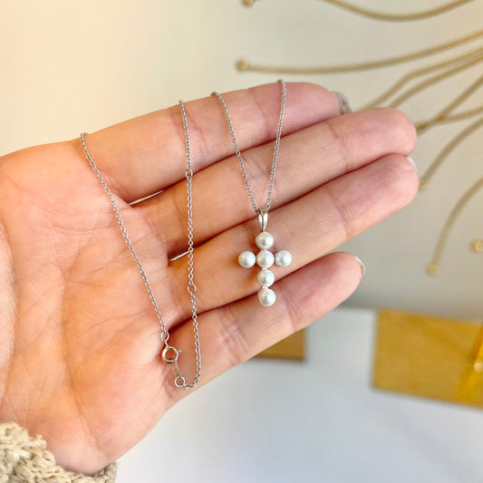 14KT White Gold Freshwater White Pearl Cross Necklace