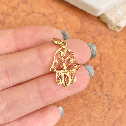 14KT Yellow Gold Beaded Filigree "Hand of Fatima" Hamsa Chamseh Pendant