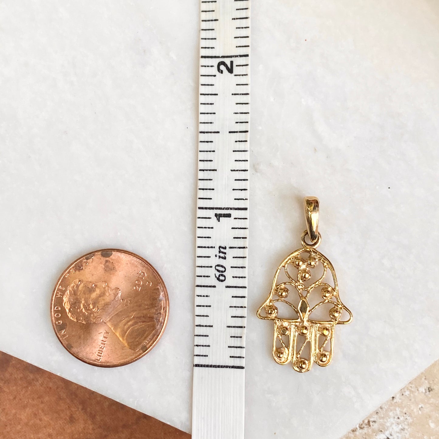 14KT Yellow Gold Beaded Filigree "Hand of Fatima" Hamsa Chamseh Pendant - LSJ