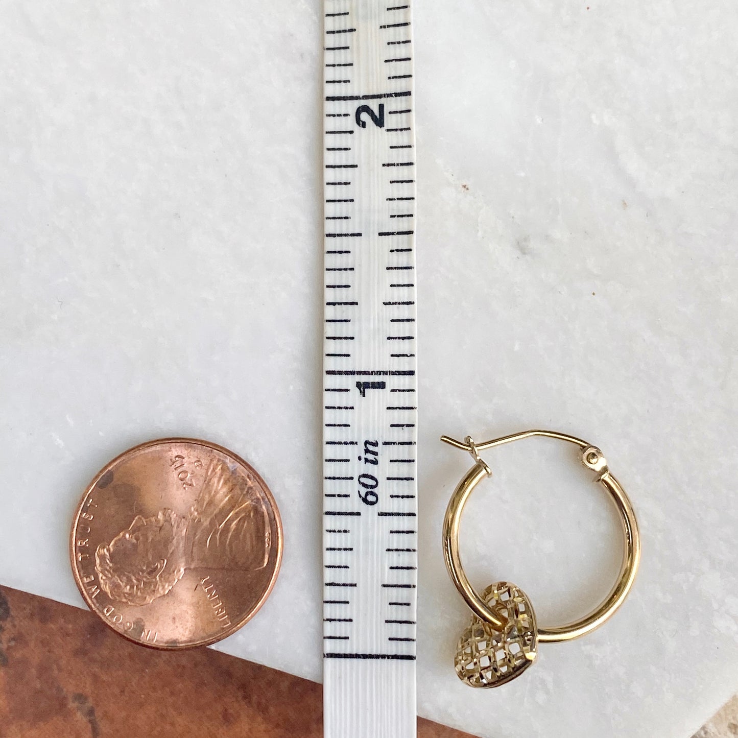 14KT Yellow Gold Diamond-Cut Weave Heart Charm Hoop Earrings