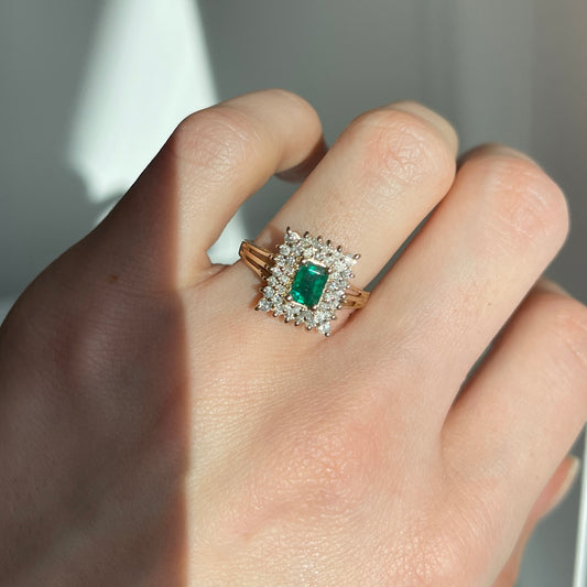 Estate 14KT Yellow Gold Emerald-Cut Lab Emerald + Double Diamond Halo Ring