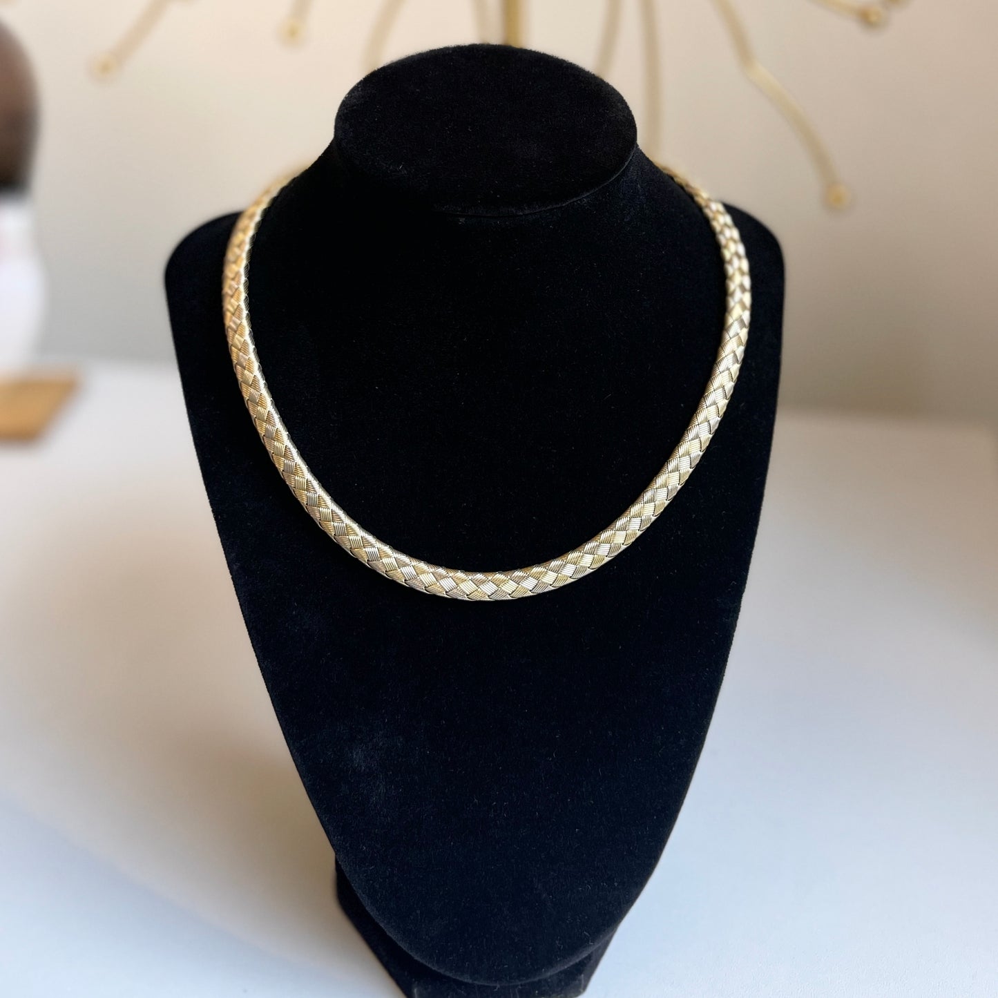 Estate 14KT White Gold + Yellow Gold Basketweave Collar Necklace