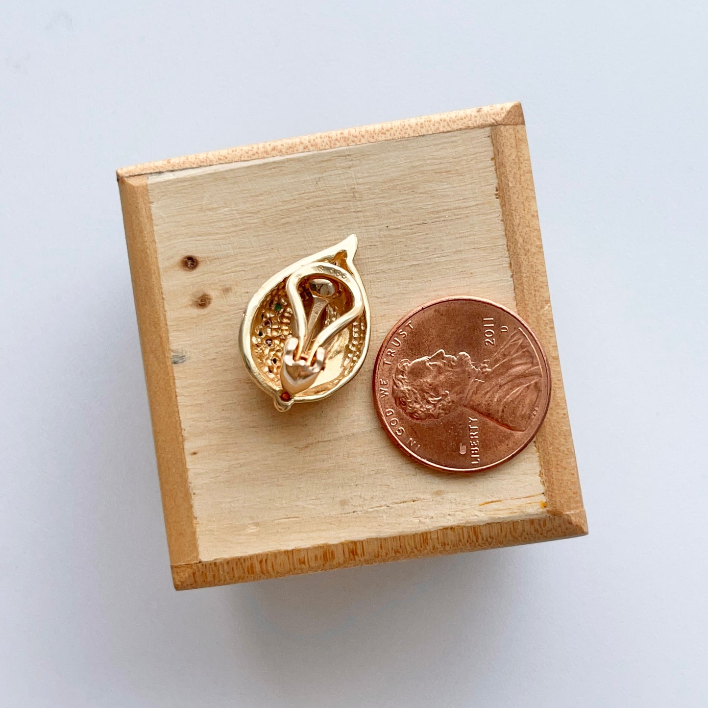 Estate 14KT Yellow Gold Teardrop Emerald + Diamond Omega Clip-On Earrings