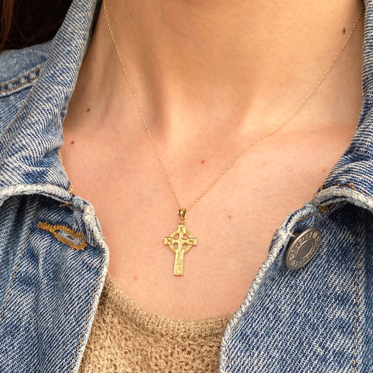 14KT Yellow Gold Textured Celtic Cross Pendant Chain Necklace, 14KT Yellow Gold Textured Celtic Cross Pendant Chain Necklace - Legacy Saint Jewelry