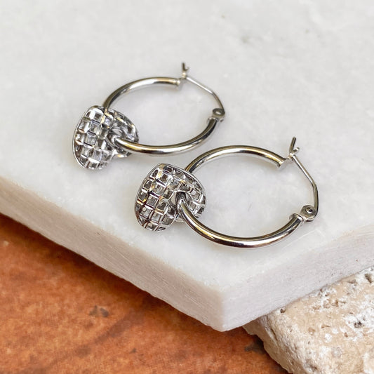 Sterling Silver Diamond-Cut Weave Heart Charm Hoop Earrings
