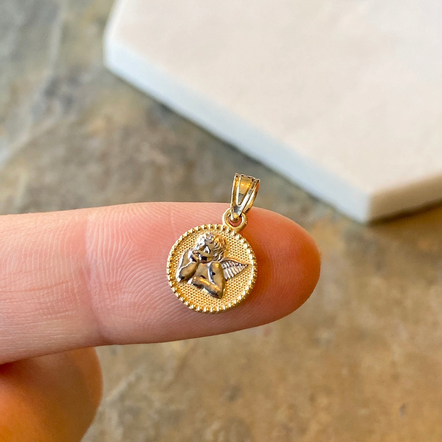 Two-Tone 10KT Yellow Gold + White Rhodium Guardian Angel Baby Round Medal Pendant Charm, Two-Tone 10KT Yellow Gold + White Rhodium Guardian Angel Baby Round Medal Pendant Charm - Legacy Saint Jewelry