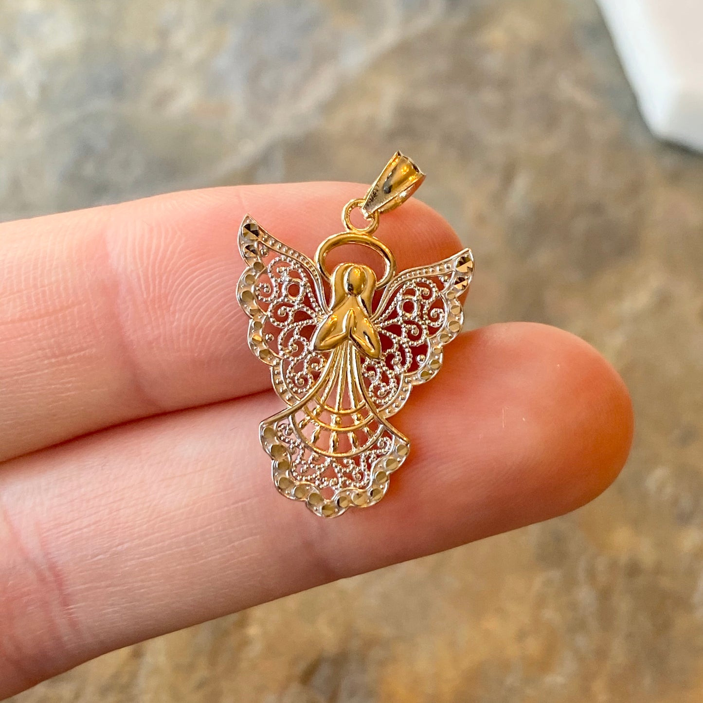 Two-Tone 14KT Yellow Gold + White Rhodium Filigree Guardian Angel Pendant, Two-Tone 14KT Yellow Gold + White Rhodium Filigree Guardian Angel Pendant - Legacy Saint Jewelry