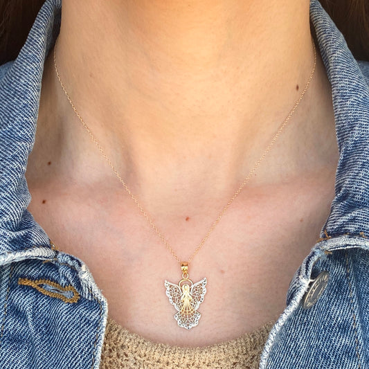 Two-Tone 14KT Yellow Gold + White Rhodium Filigree Guardian Angel Pendant, Two-Tone 14KT Yellow Gold + White Rhodium Filigree Guardian Angel Pendant - Legacy Saint Jewelry