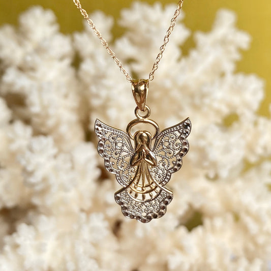 Two-Tone 14KT Yellow Gold + White Rhodium Filigree Guardian Angel Pendant Chain Necklace, Two-Tone 14KT Yellow Gold + White Rhodium Filigree Guardian Angel Pendant Chain Necklace - Legacy Saint Jewelry