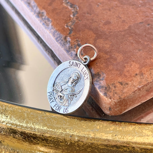 Sterling Silver Antiqued Saint Lucy Round Medal Pendant Charm 18mm