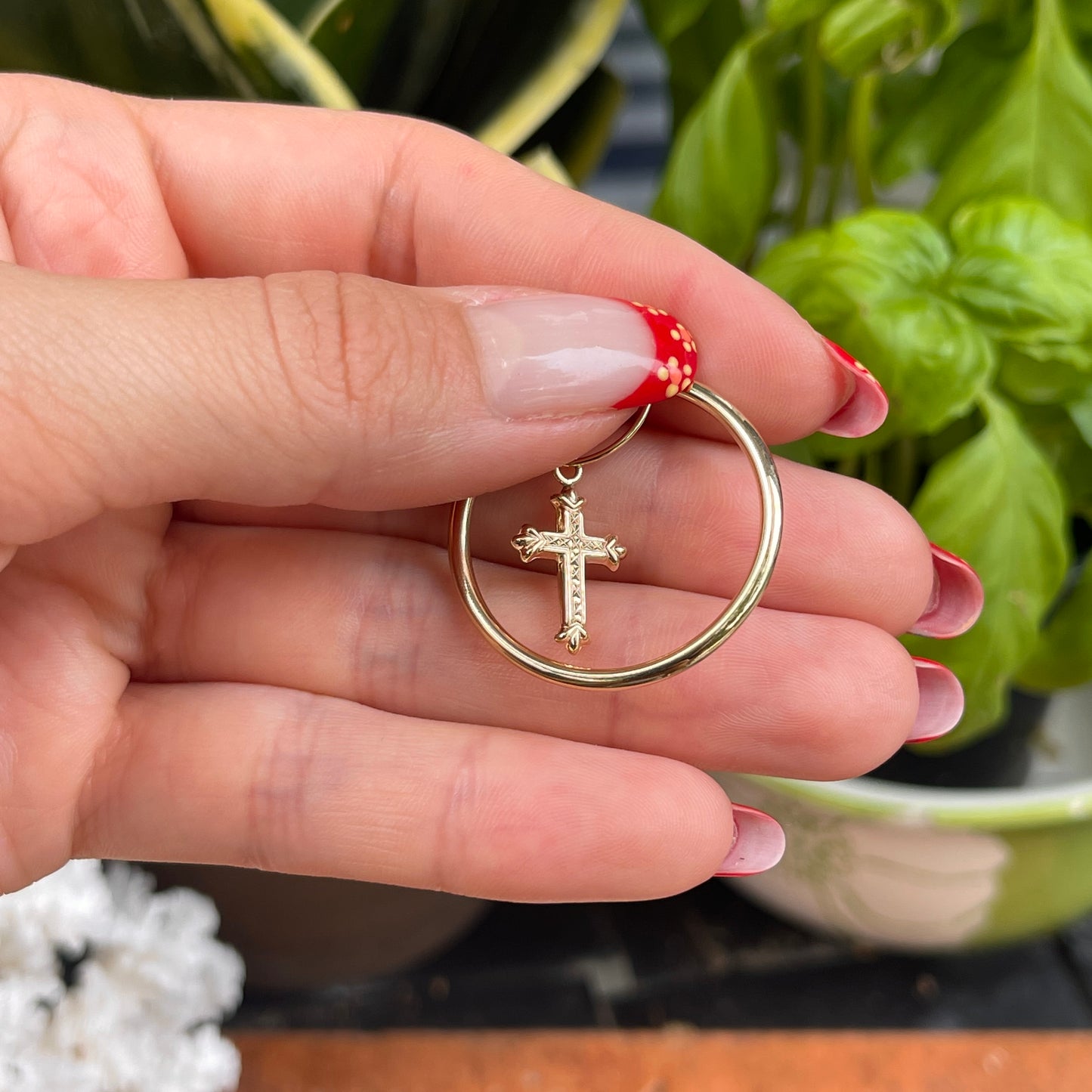 14KT Yellow Gold Cross Charm Hoop Earrings 31mm