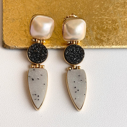 Estate Cambros 14KT Yellow Gold Druzy Geode and Mabe Pearl Dangle Earrings