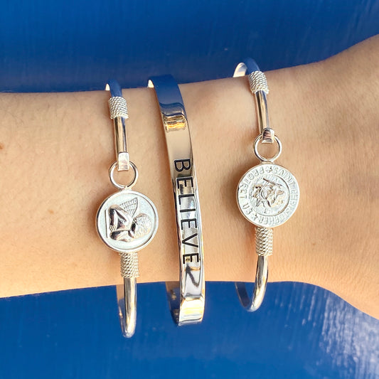 Sterling Silver Polished St Christopher Medal Thin Bangle Bracelet, Sterling Silver Polished St Christopher Medal Thin Bangle Bracelet - Legacy Saint Jewelry