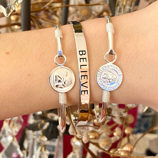 Sterling Silver Polished "Believe" Script Open Cuff Bangle Bracelet, Sterling Silver Polished "Believe" Script Open Cuff Bangle Bracelet - Legacy Saint Jewelry