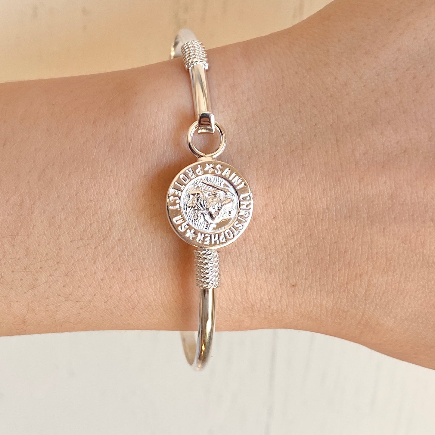 Sterling Silver Polished St Christopher Medal Thin Bangle Bracelet, Sterling Silver Polished St Christopher Medal Thin Bangle Bracelet - Legacy Saint Jewelry