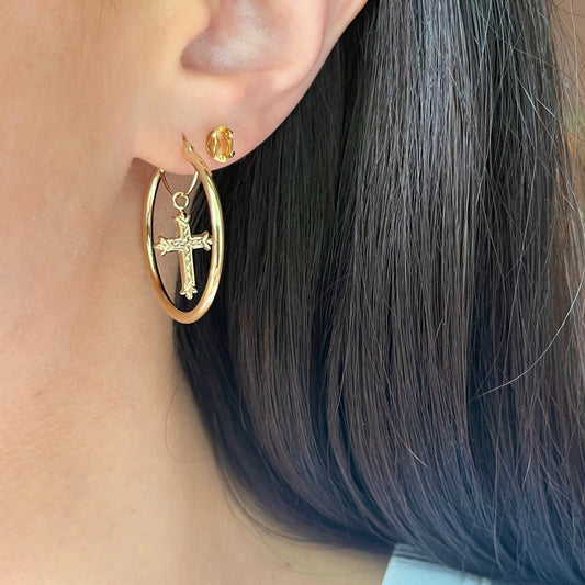14KT Yellow Gold Cross Charm Hoop Earrings 31mm