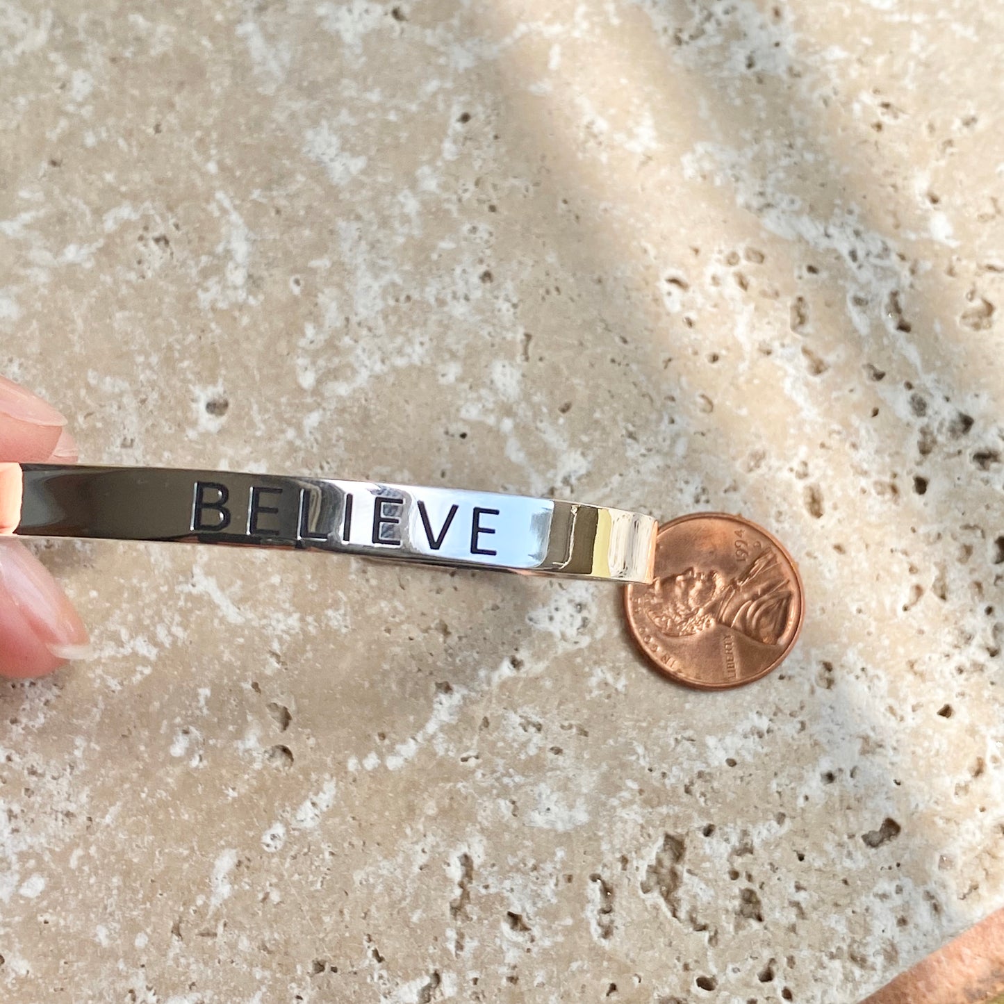 Sterling Silver Polished "Believe" Script Open Cuff Bangle Bracelet, Sterling Silver Polished "Believe" Script Open Cuff Bangle Bracelet - Legacy Saint Jewelry
