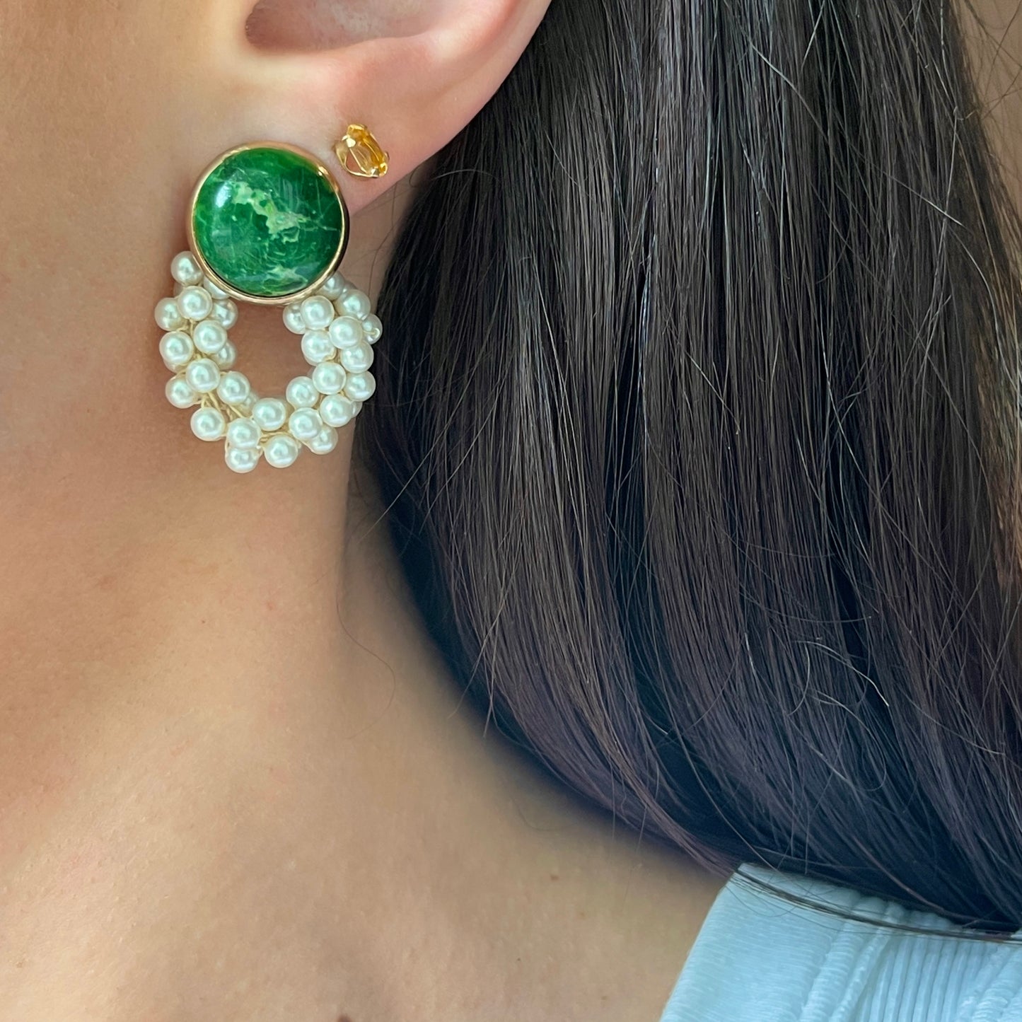 Estate 14KT Yellow Gold Mini White Pearl Round Strand Earring Charms