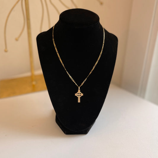 14KT Yellow Gold Matte Celtic Cross Eternity Circle Pendant 33mm